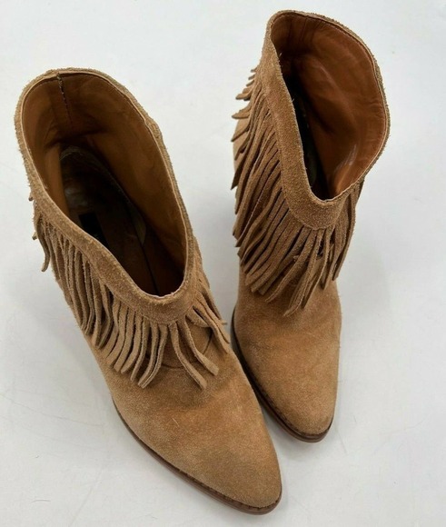 MNG Mango Womens Size 38 Boho Style Fringe Suede Slip-On Ankle Booties Tan Brown - Picture 2 of 11